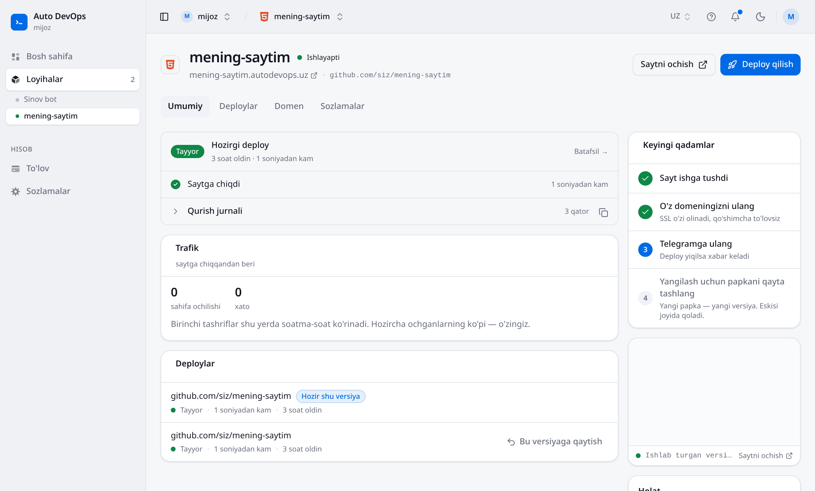 Auto DevOps kabinetida bitta loyihaning ekrani